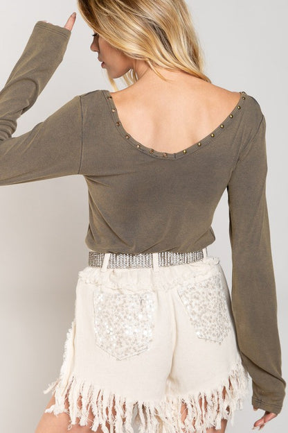 Studded Ribbed V-Neck Top - Tigbul's Variety Fashion Shop