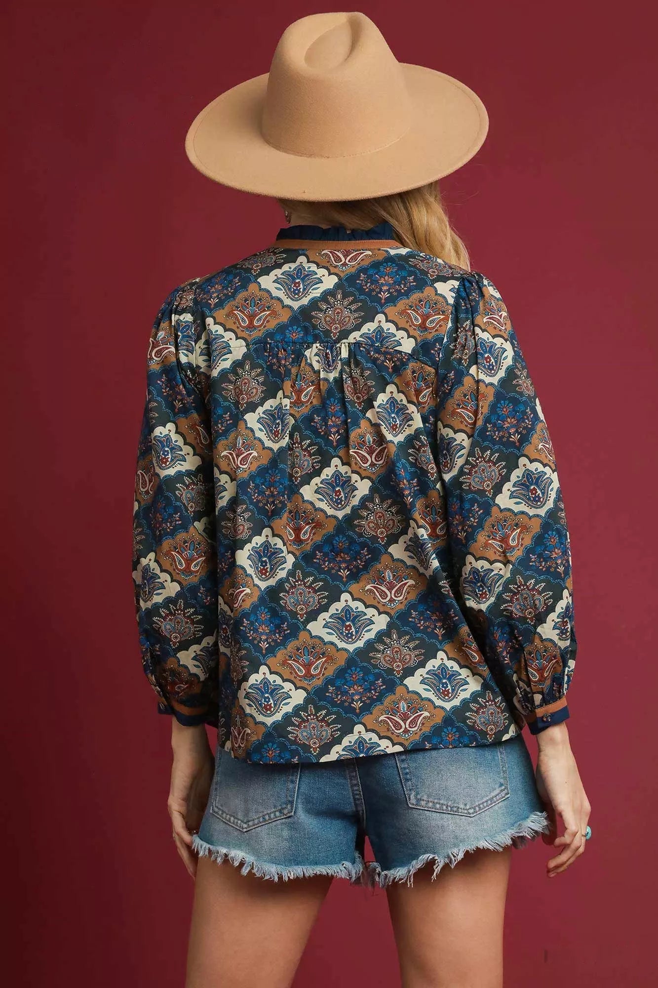 Umgee Abstract Print Ruffle Neck Top - Tigbul's Variety Fashion Shop