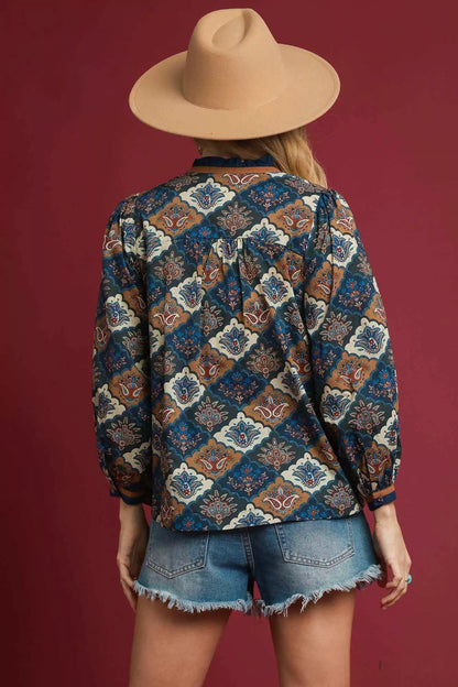 Umgee Abstract Print Ruffle Neck Top - Tigbul's Variety Fashion Shop