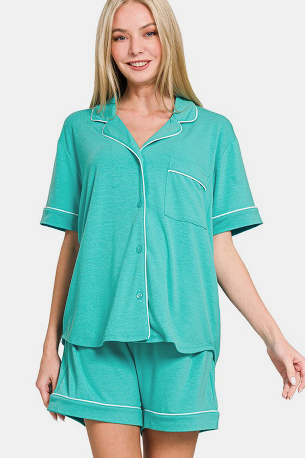 Zenana Button Down Short Sleeve Top and Shorts Lounge Set - Tigbul's Variety Fashion Shop