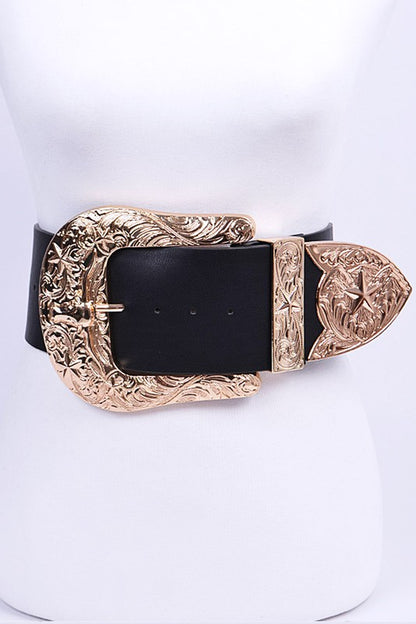 Plus Size Engraved Buckle Oversize Statement Belt - Tigbul's Variety Fashion Shop