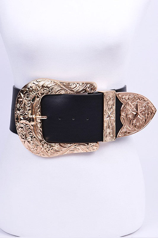 Plus Size Engraved Buckle Oversize Statement Belt - Tigbul's Variety Fashion Shop