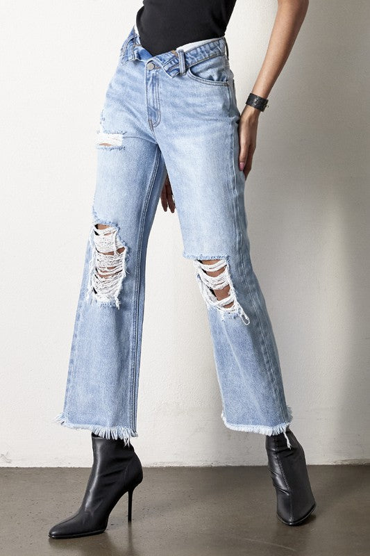 Frayed Flip Waist Straight Jeans - Tigbuls Variety Fashion