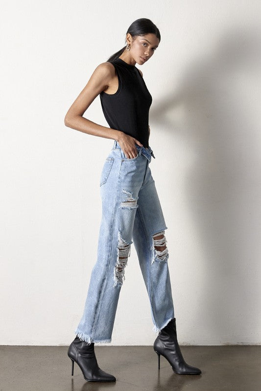 Frayed Flip Waist Straight Jeans - Tigbuls Variety Fashion