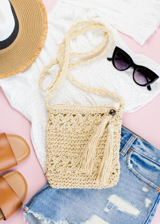Woven Straw Tassel Accent Crossbody Bag - Tigbul's Variety Fashion Shop