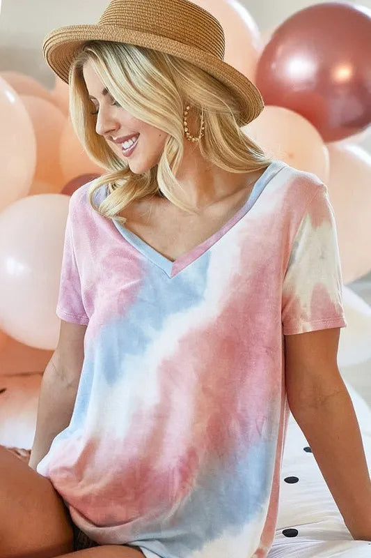 Tie Dye French Terry V Neck Top - Tigbul's Variety Fashion Shop