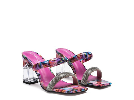 KRYPTON Clear Block Heeled Marble Print Slides - Tigbul's Variety Fashion Shop