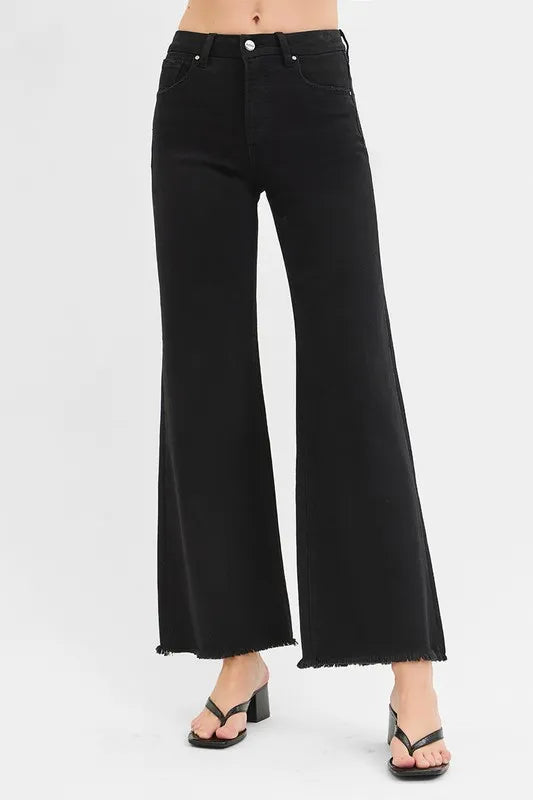 RISEN Full Size Tummy Control Black High Rise Wide Jeans Plus Size - Tigbul's Variety Fashion Shop