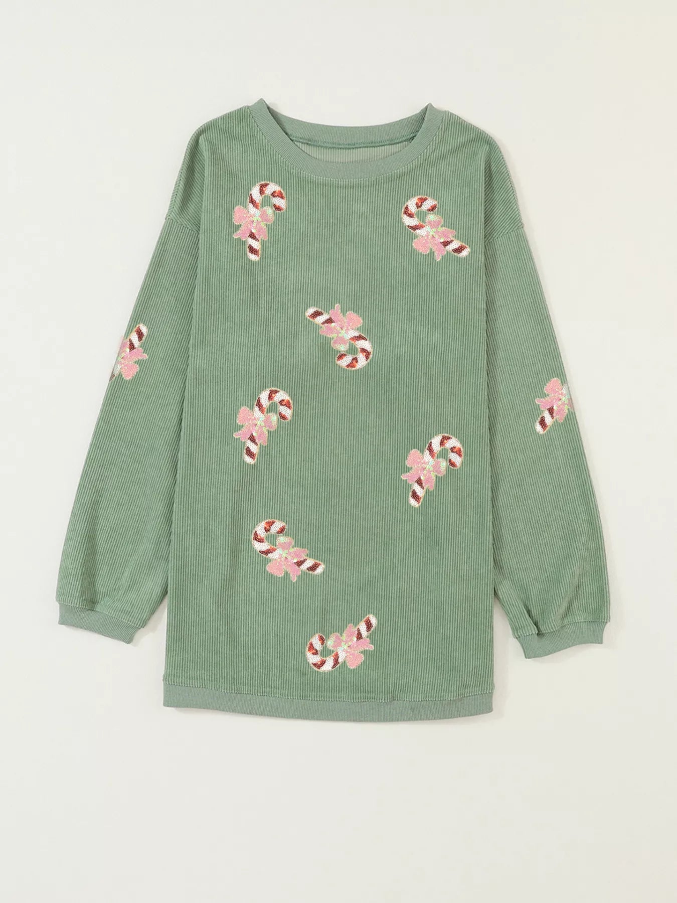 Christmas Sequin Candy Cane Patched Corded Ribbed Baggy Sweatshirt - Tigbul's Variety Fashion Shop