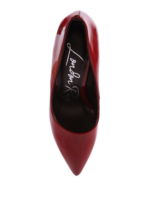 Burgundy patent pointed-toe pumps, side view, glossy upper and block heel