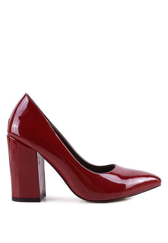 Kamira patent block heeled pumps, burgundy glossy finish with mid block heel.