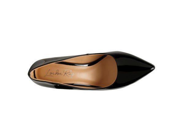 Kamira patent block heeled pumps, black pointed toe viewed from above.