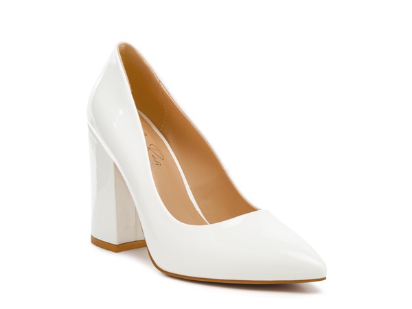 Kamira patent block heeled pumps in white, pointed toe and sculpted block heel.