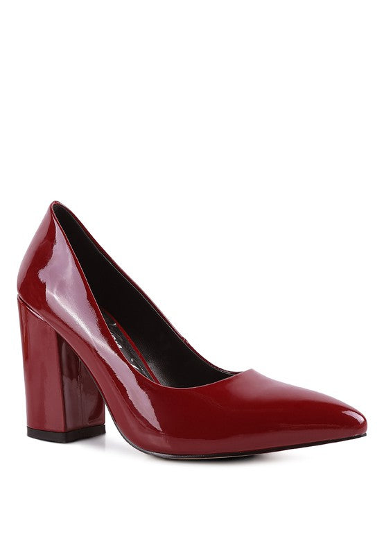 Kamira patent block heeled pumps in burgundy, pointed toe with chunky block heel.
