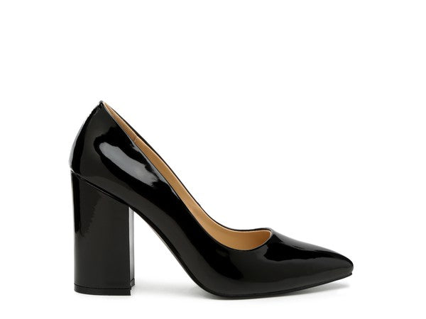Kamira patent block heeled pumps, black glossy finish with square block heel.