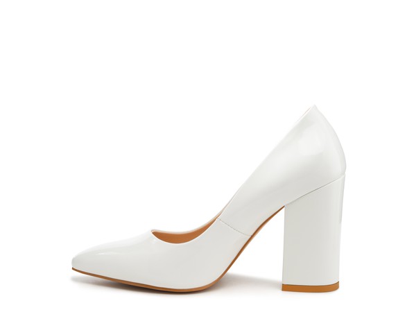 Kamira patent block heeled pumps, white side view with mid-height block heel.
