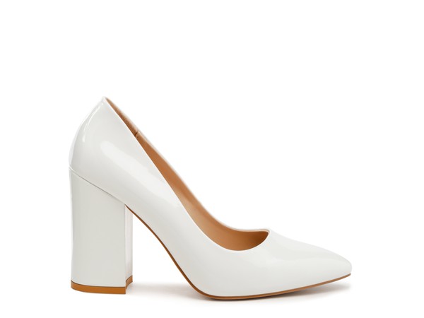 Kamira patent block heeled pumps in white, angled view of pointed toe and heel.