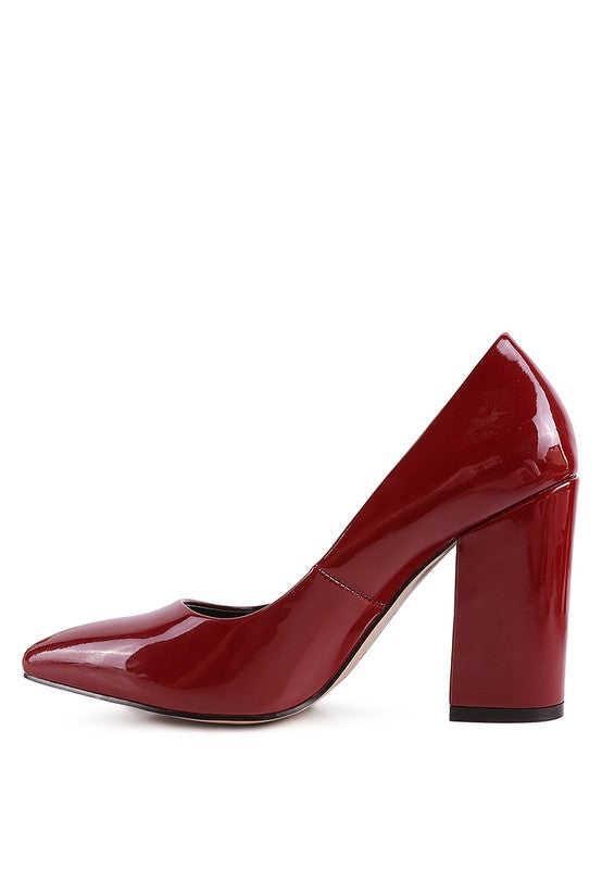 Burgundy patent block-heel pumps with pointed toe and glossy finish