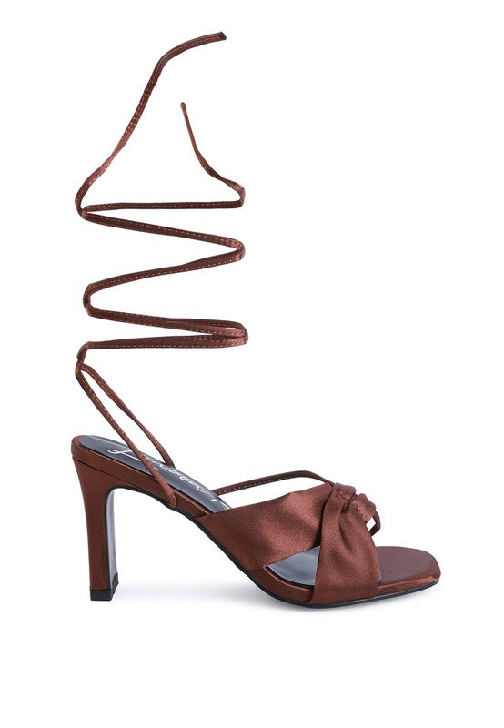 CHASM RUCHED SATIN TIE UP BLOCK HEELED SANDALS - Tigbul's Variety Fashion Shop