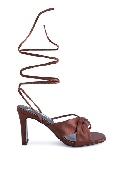 CHASM RUCHED SATIN TIE UP BLOCK HEELED SANDALS - Tigbul's Variety Fashion Shop