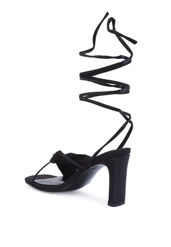 CHASM RUCHED SATIN TIE UP BLOCK HEELED SANDALS - Tigbul's Variety Fashion Shop