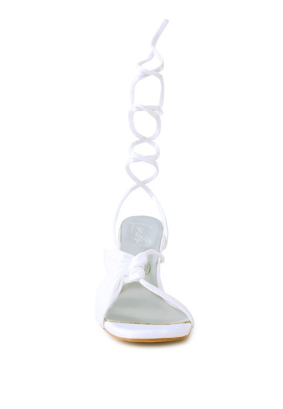CHASM RUCHED SATIN TIE UP BLOCK HEELED SANDALS - Tigbul's Variety Fashion Shop