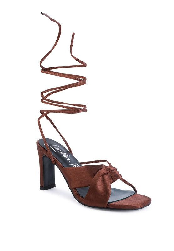 CHASM RUCHED SATIN TIE UP BLOCK HEELED SANDALS - Tigbul's Variety Fashion Shop