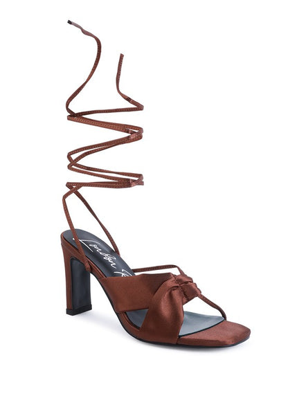 CHASM RUCHED SATIN TIE UP BLOCK HEELED SANDALS - Tigbul's Variety Fashion Shop