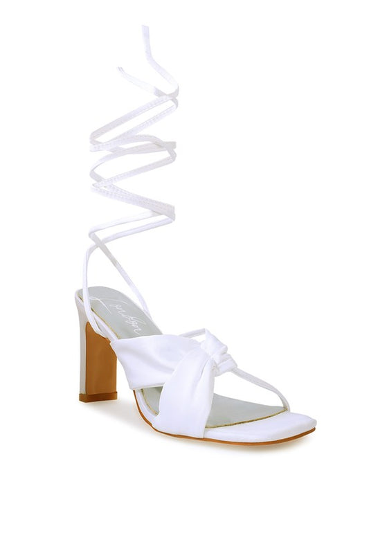 CHASM RUCHED SATIN TIE UP BLOCK HEELED SANDALS - Tigbul's Variety Fashion Shop