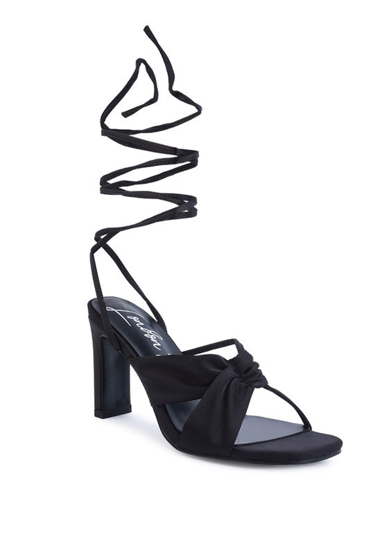 CHASM RUCHED SATIN TIE UP BLOCK HEELED SANDALS - Tigbul's Variety Fashion Shop