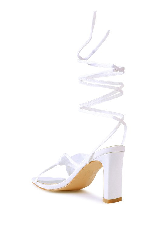 CHASM RUCHED SATIN TIE UP BLOCK HEELED SANDALS - Tigbul's Variety Fashion Shop