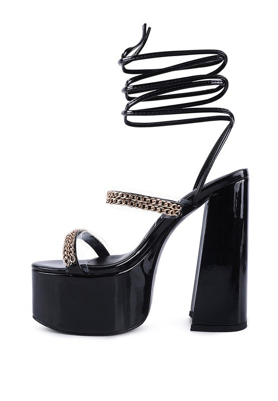 Indulgence Metal Chain Lace up Leg Platform Sandals - Tigbul's Variety Fashion Shop