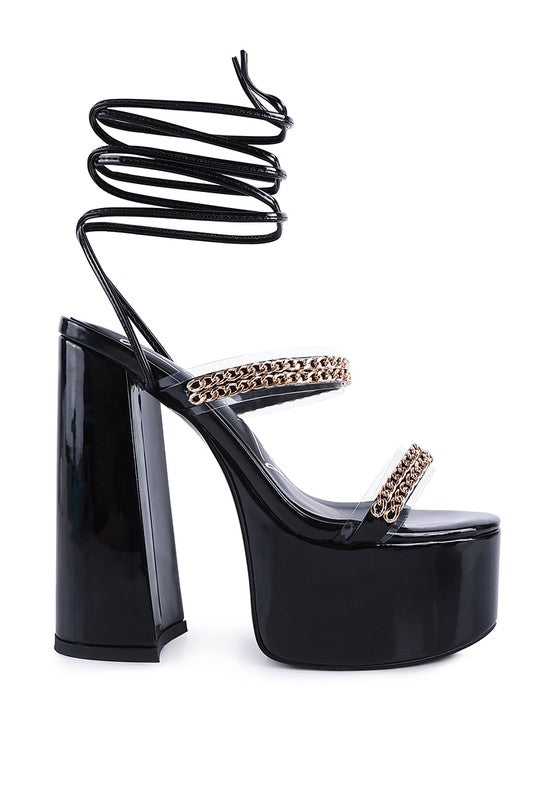 Indulgence Metal Chain Lace up Leg Platform Sandals - Tigbul's Variety Fashion Shop