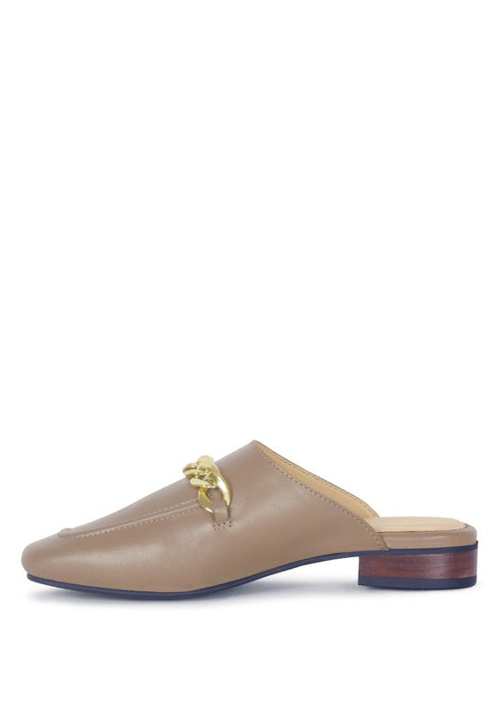 HONEY LEATHER METAL CHAIN MULES - Tigbul's Variety Fashion Shop