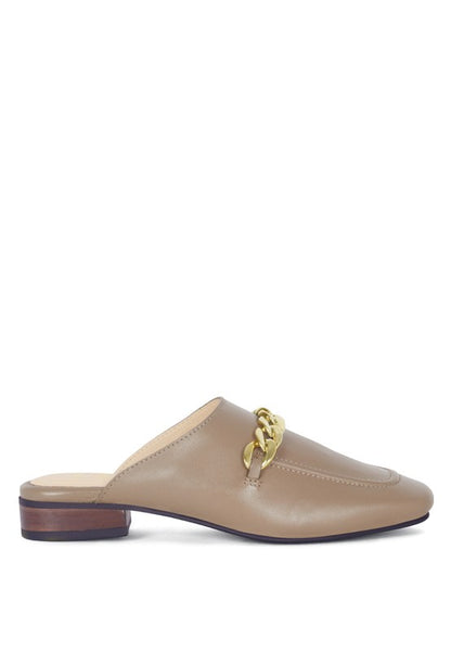 HONEY LEATHER METAL CHAIN MULES - Tigbul's Variety Fashion Shop