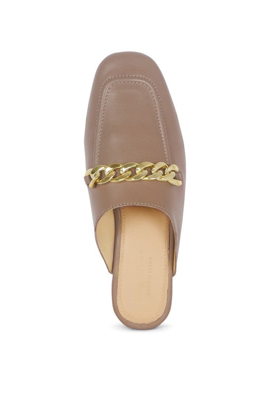 HONEY LEATHER METAL CHAIN MULES - Tigbul's Variety Fashion Shop