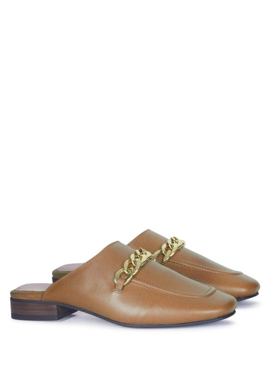HONEY LEATHER METAL CHAIN MULES - Tigbul's Variety Fashion Shop