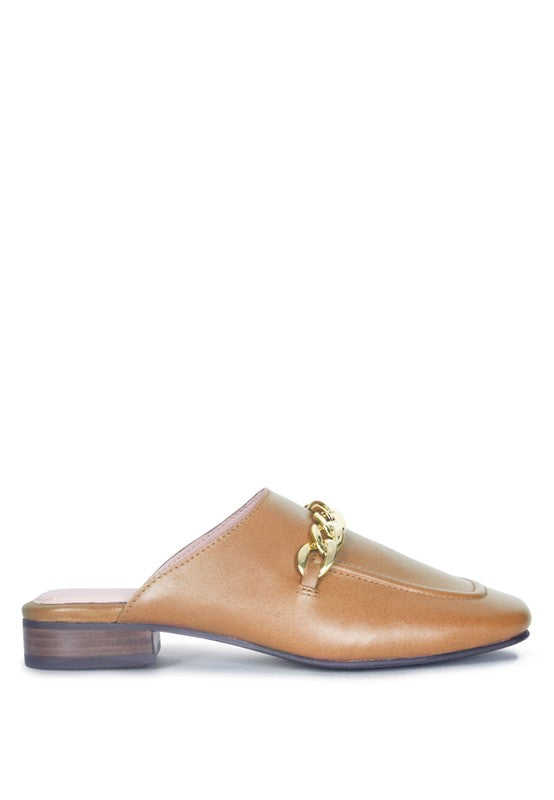 HONEY LEATHER METAL CHAIN MULES - Tigbul's Variety Fashion Shop