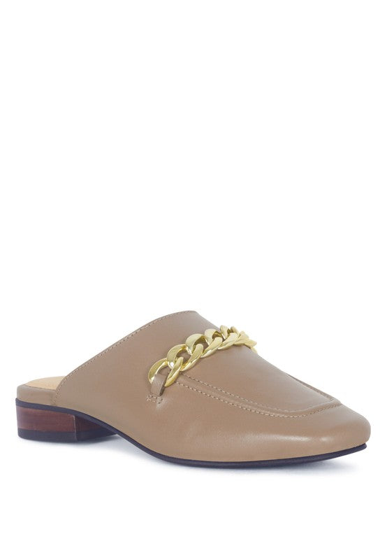 HONEY LEATHER METAL CHAIN MULES - Tigbul's Variety Fashion Shop