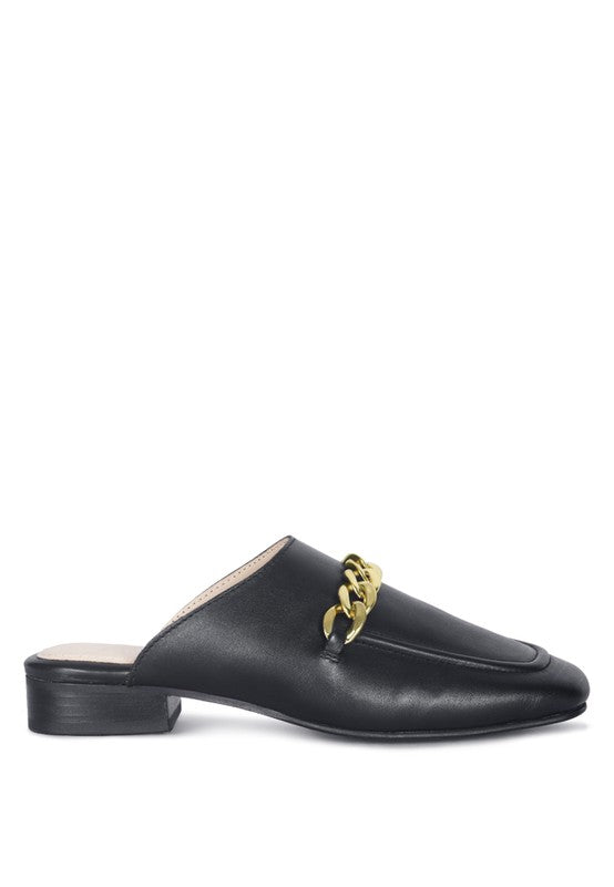 HONEY LEATHER METAL CHAIN MULES - Tigbul's Variety Fashion Shop