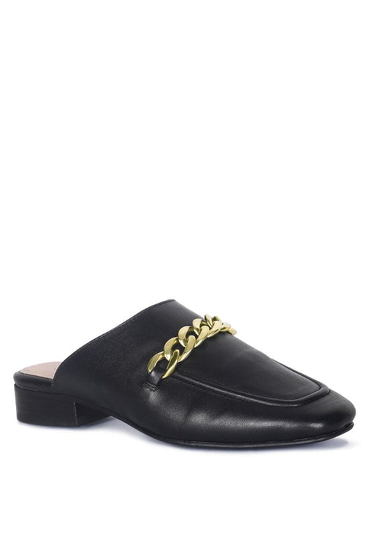 HONEY LEATHER METAL CHAIN MULES - Tigbul's Variety Fashion Shop