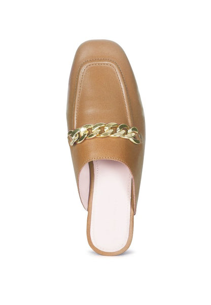 HONEY LEATHER METAL CHAIN MULES - Tigbul's Variety Fashion Shop