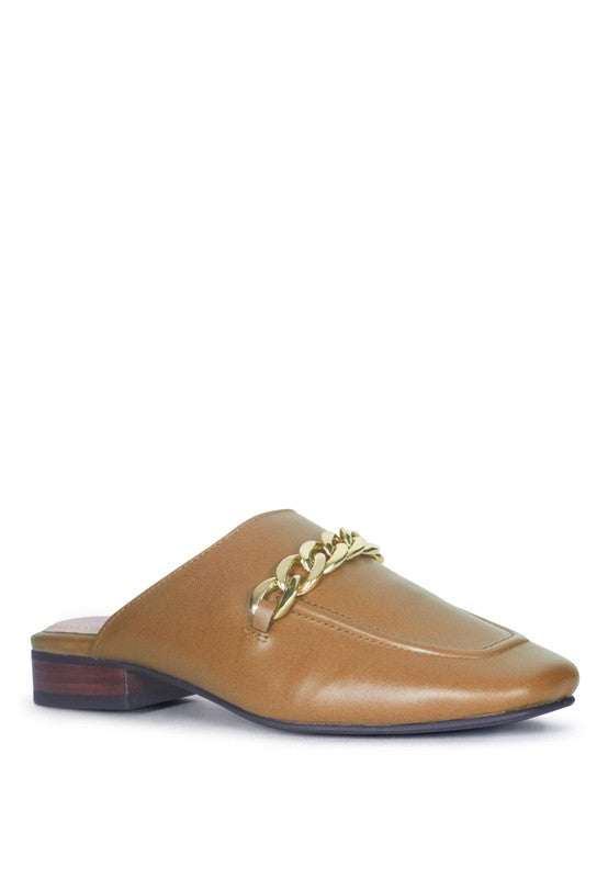 HONEY LEATHER METAL CHAIN MULES - Tigbul's Variety Fashion Shop