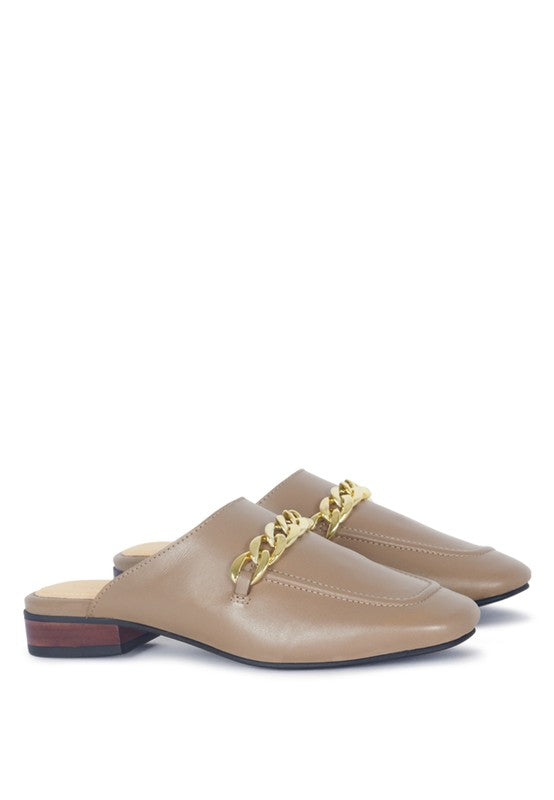 HONEY LEATHER METAL CHAIN MULES - Tigbul's Variety Fashion Shop