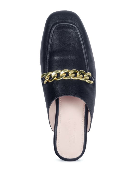 HONEY LEATHER METAL CHAIN MULES - Tigbul's Variety Fashion Shop