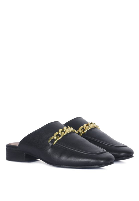 HONEY LEATHER METAL CHAIN MULES - Tigbul's Variety Fashion Shop