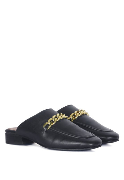 HONEY LEATHER METAL CHAIN MULES - Tigbul's Variety Fashion Shop