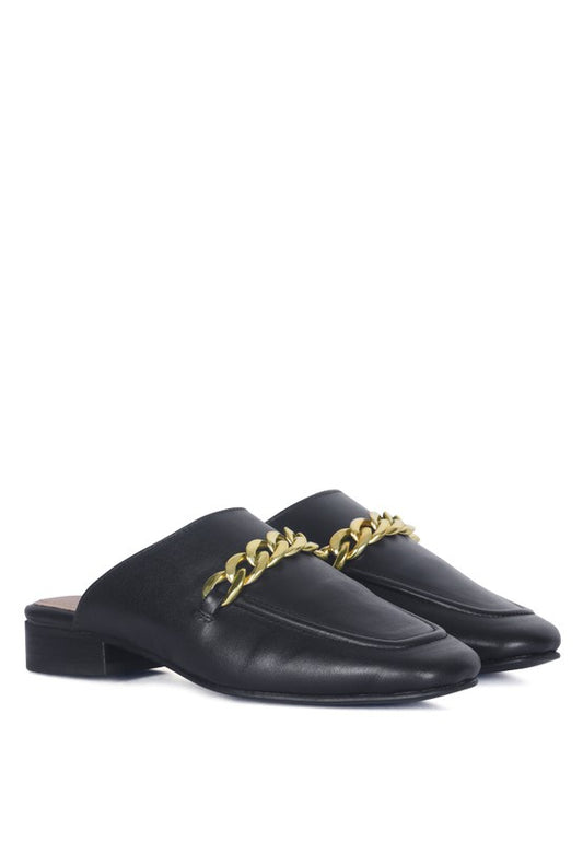 HONEY LEATHER METAL CHAIN MULES - Tigbul's Variety Fashion Shop