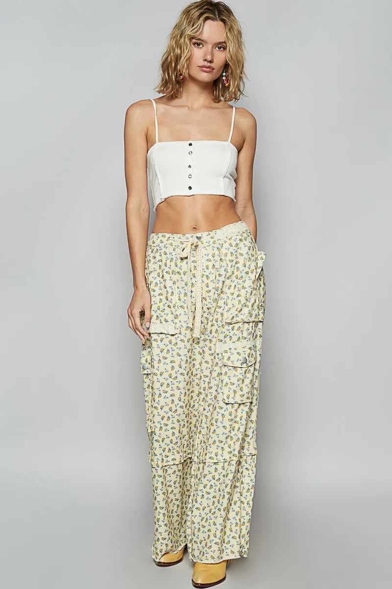 POL Floral Cargo Wide Leg Pants with Lace Drawstring - Tigbul's Variety Fashion Shop