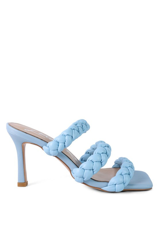 Light blue braided sandals with open toe and slender pointed heel